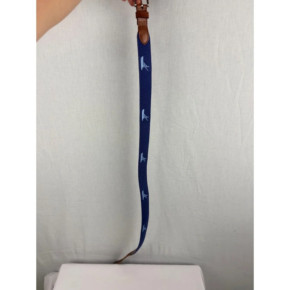 Vineyard Vines Mens Blue Fishing Boat Embroidered Canvas Belt Leather Trim 30